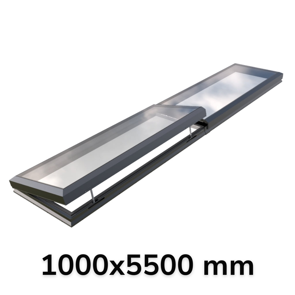 100 x 550 cm Modulaire daklicht met elektrische opening (1 vaste 1 opening)