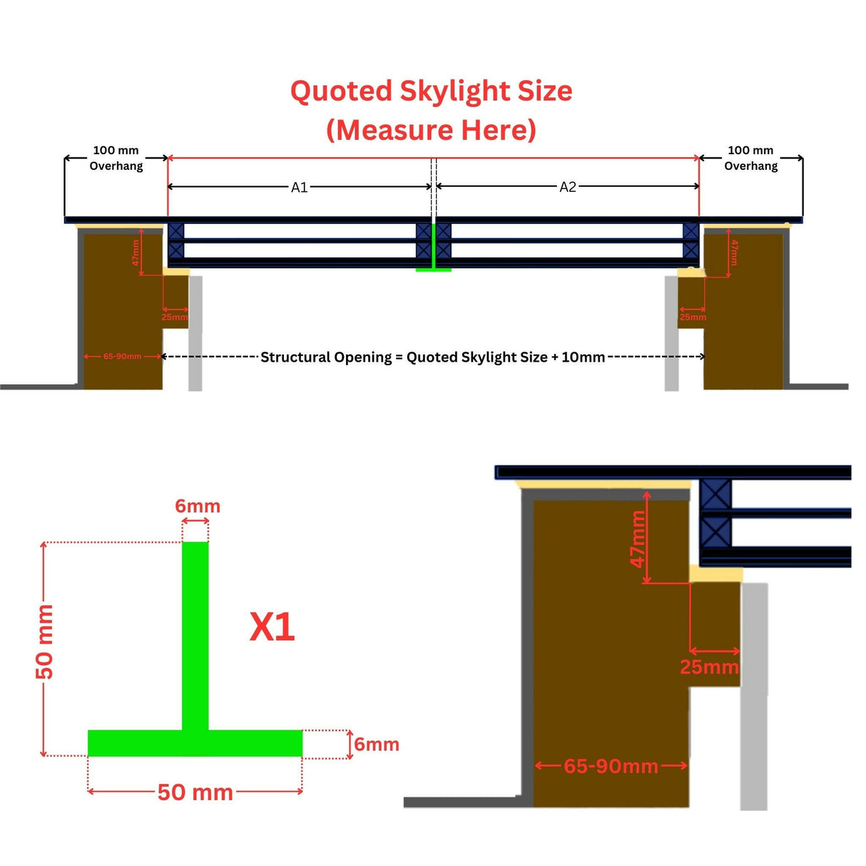 Custom Size Frameless Modular Skylights (Flat / Pitched Roof).