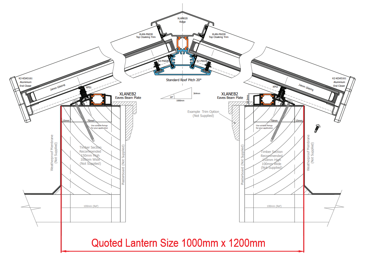 1000 x 1200 mm Stratus Aluminium Roof Lantern Style 1 (Contemporary).