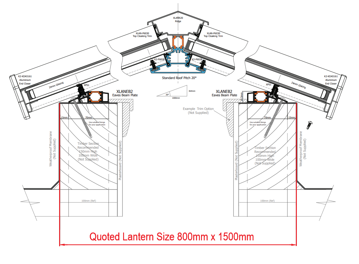800 x 1500 mm Stratus Aluminium Roof Lantern Style 2 (Traditional).