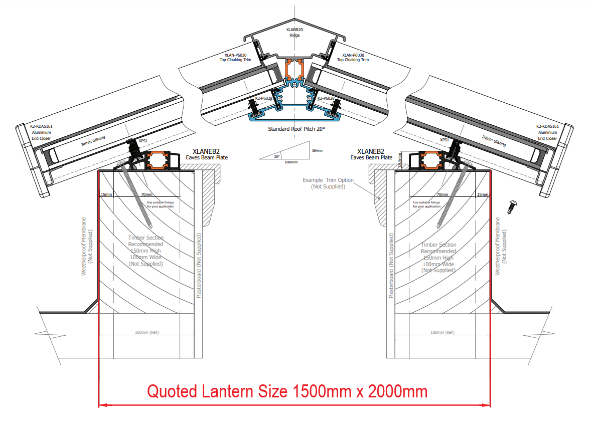 1500 x 2500 mm Stratus Aluminium Roof Lantern Style 2 (Traditional).