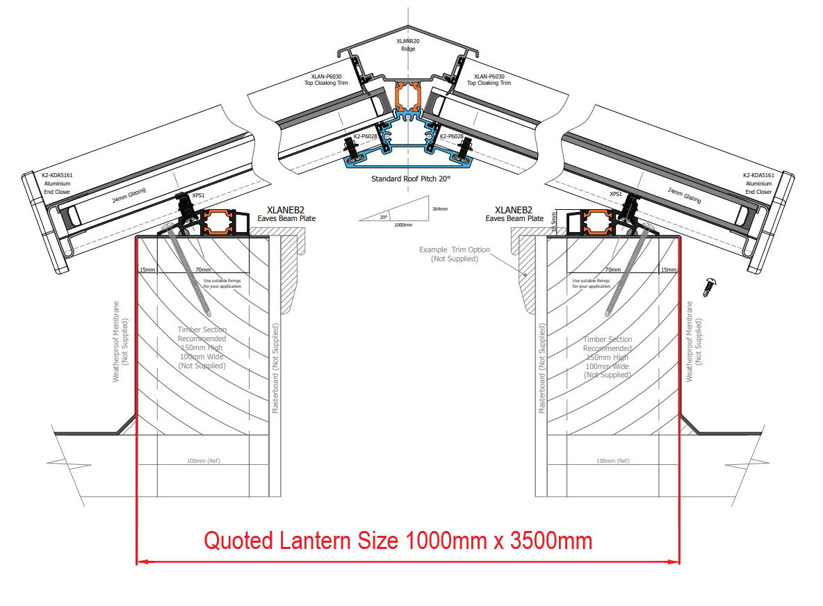 1000 x 3500 mm Stratus Aluminium Roof Lantern Style 3 (Traditional).