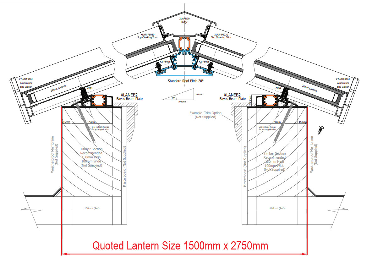 1500 x 2750 mm Stratus Aluminium Roof Lantern Style 4 (Traditional).