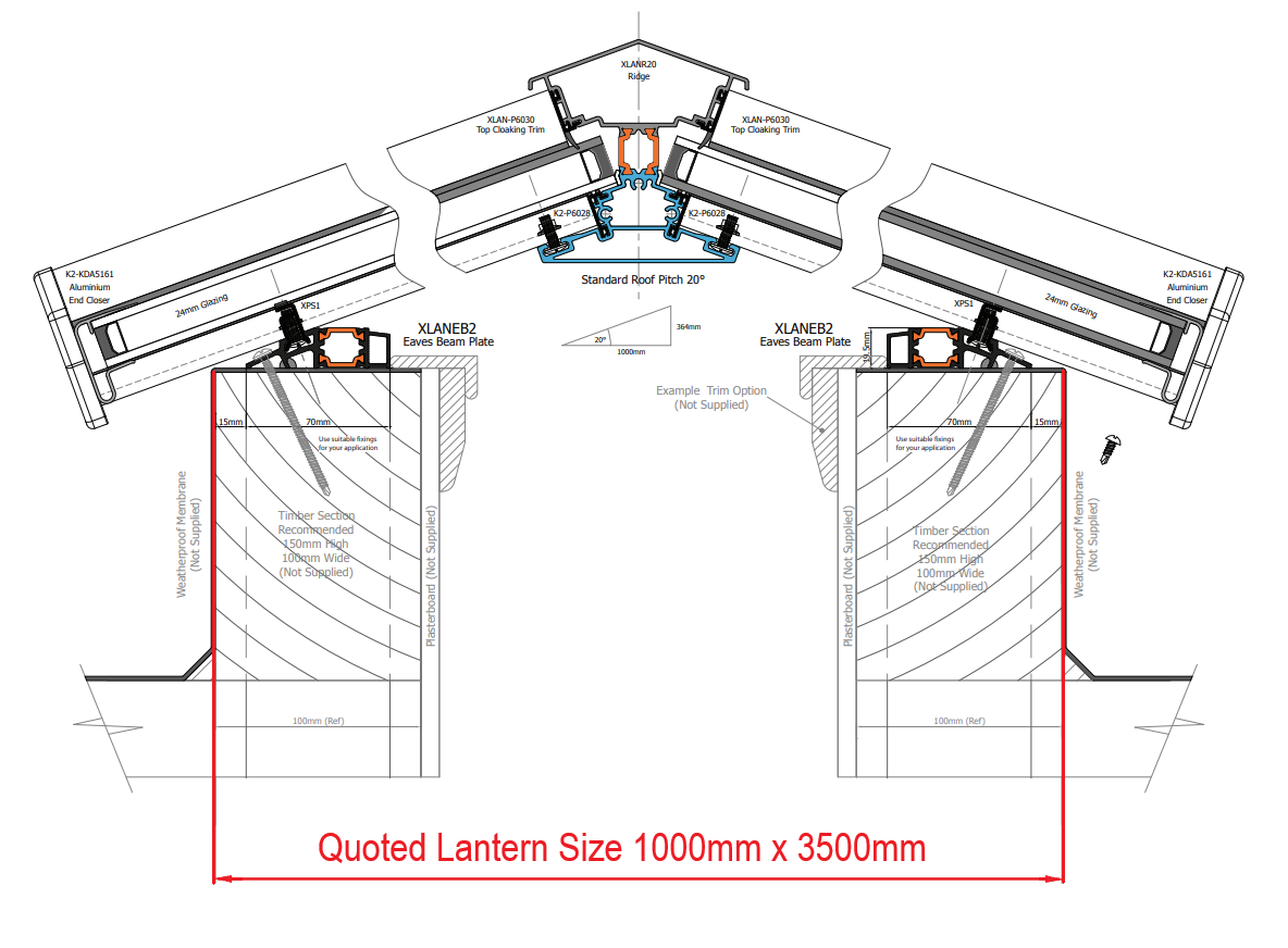 1000 x 3500 mm Stratus Aluminium Roof Lantern Style 6 (Traditional).