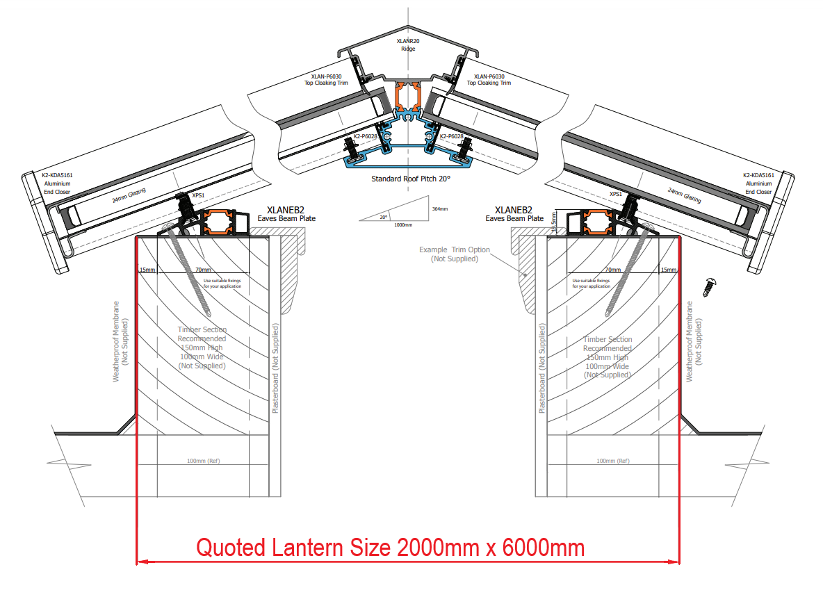2000 x 6000 mm Stratus Aluminium Roof Lantern Style 7 (Traditional).